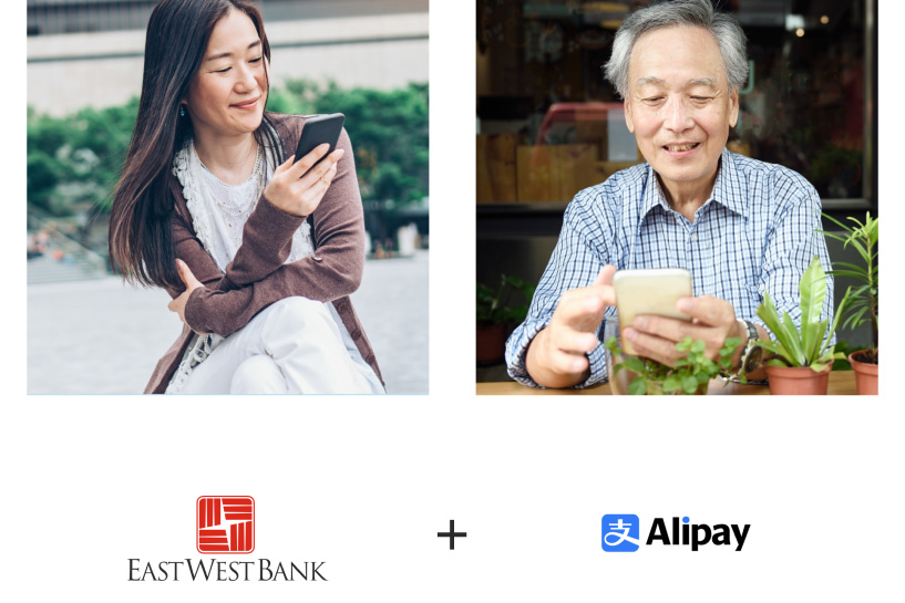Two users transfer money with their mobile phones and the East West Bank and Alipay logos
